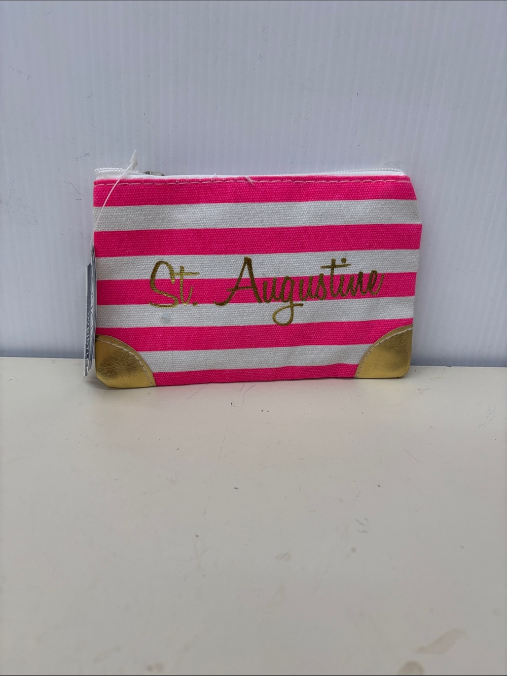 NWT Aqualux Pink & White Stripe Canvas Cosmetic Pouch with Gold Accents